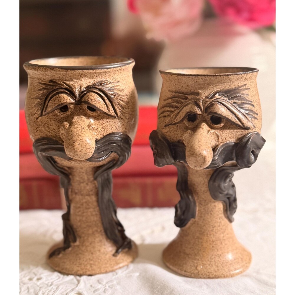 Vintage Handmade Ceramic Face Goblets Set of 2, Folk Art Pottery Chalice Mugs